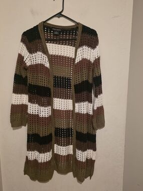 Trendy Threads Striped Open-Front Crochet Cardigan - Olive, Brown & White Size L